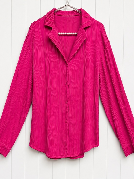 Tops - Hot Pink Fuchsia Pleated Button Down Blouse Long Sleeve Size M